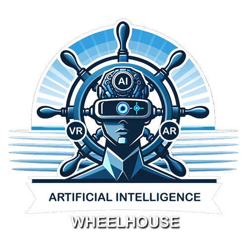 Logo for Intellegence Wheelhouse - Ship Wheelhouse with World Background and AI Brain - AI, VR and AR text with AR headset. Intellegence Wheelhouse text and a ship floating from right side.